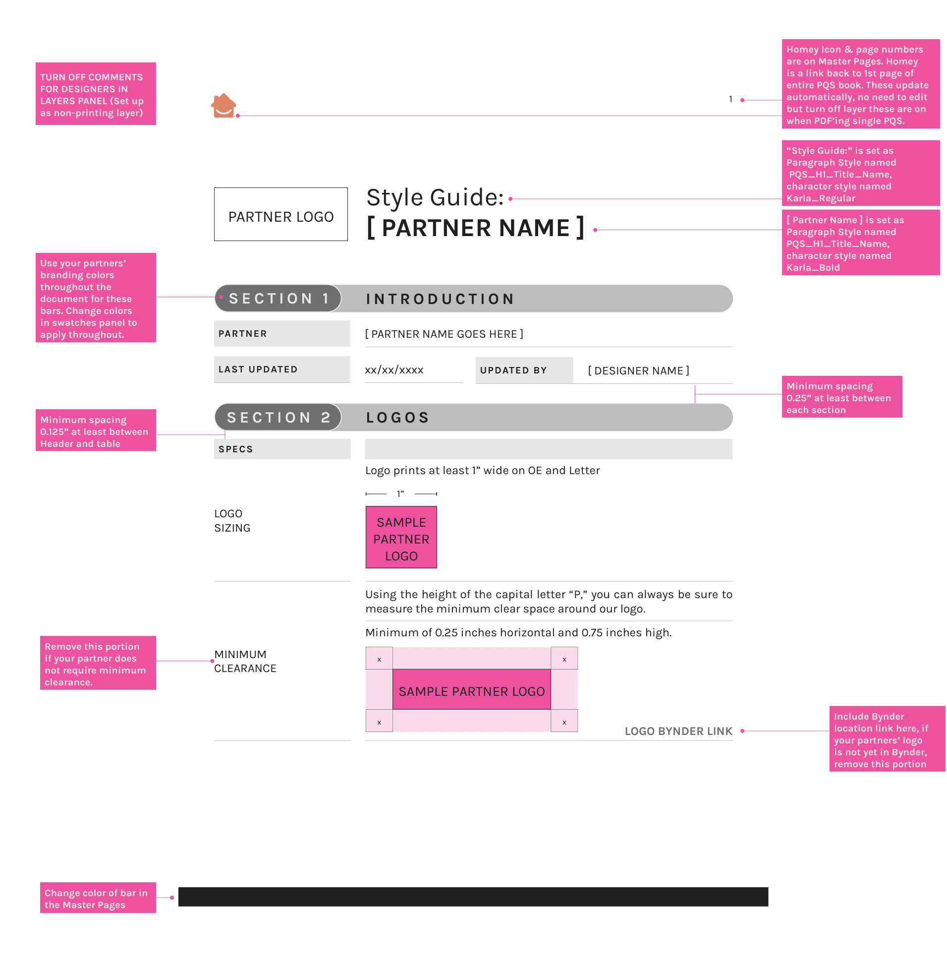 Partner brand QuickSheet pages covering logos, fonts and color standards.