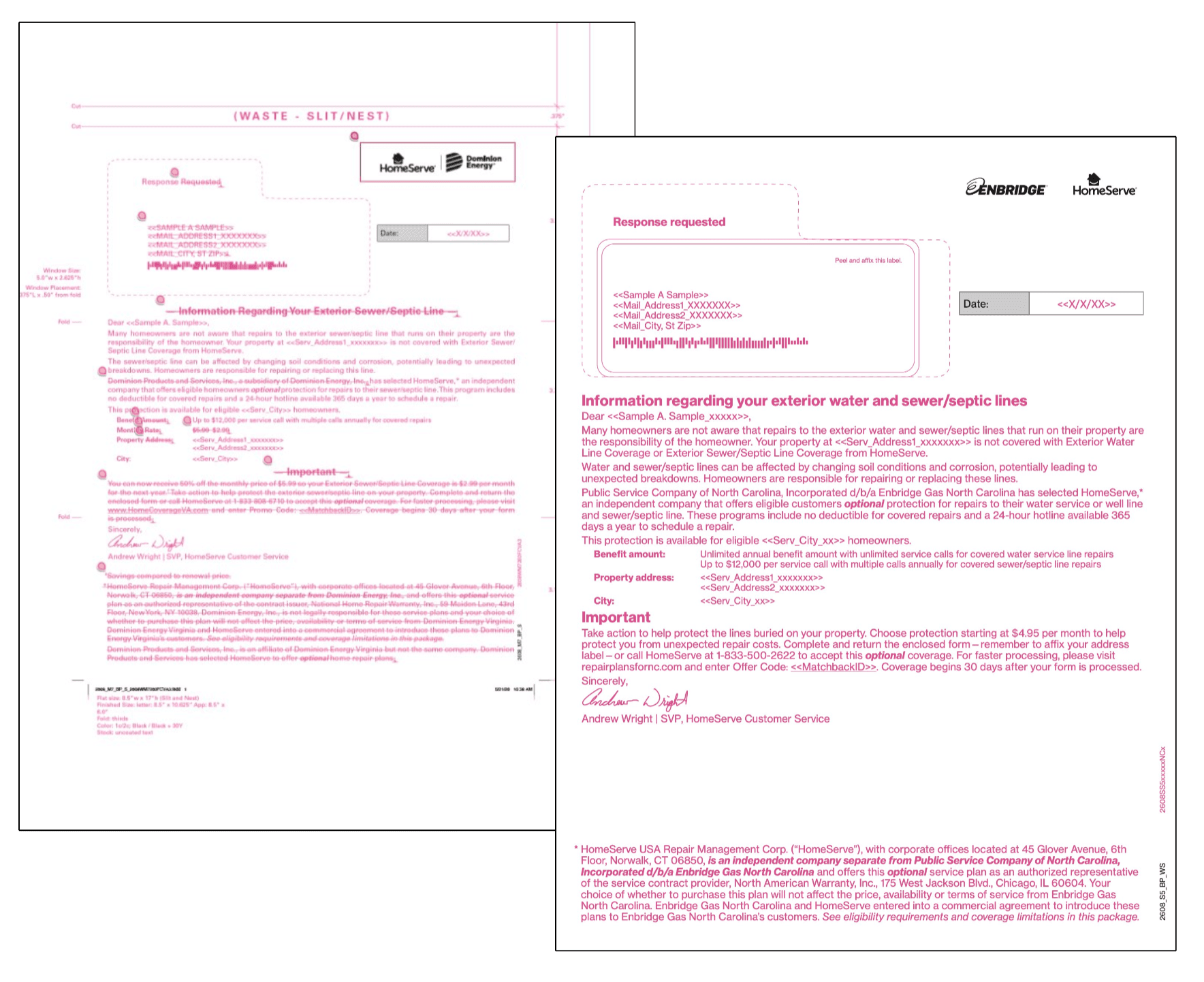Before and after of a utility letter. Production marks on the left and refined typography on the right.