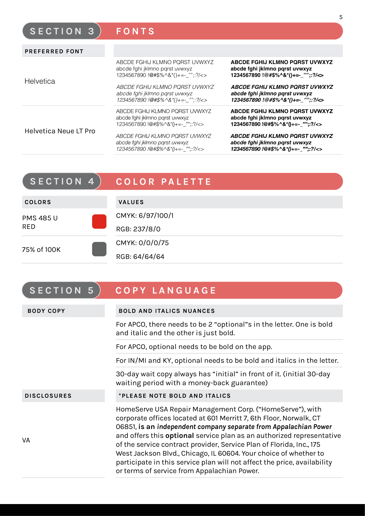 Filled AEP QuickSheet page two with fonts, color palette and copy language.