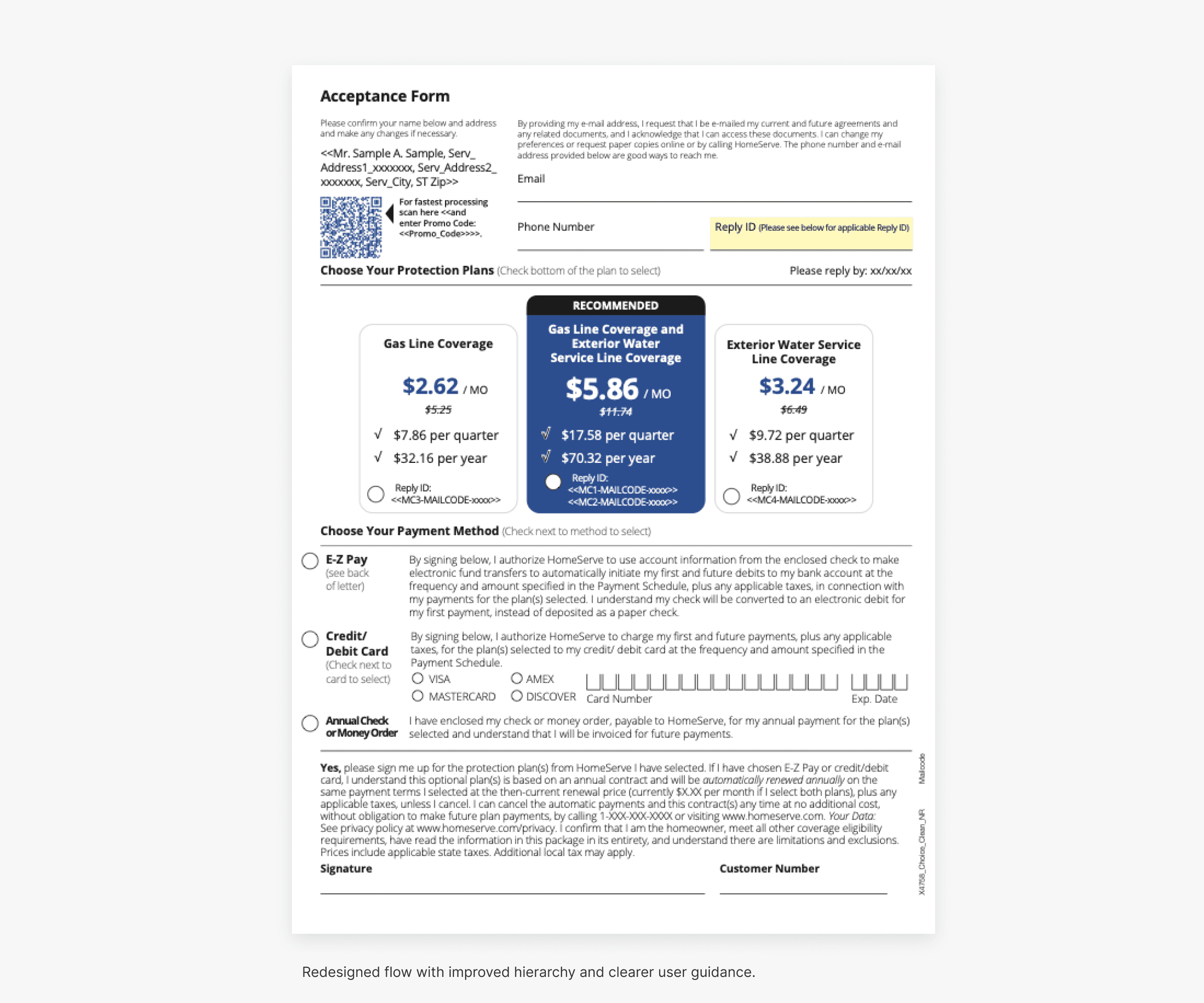 Redesigned acceptance form with recommended plan cards, payment methods and signature fields.