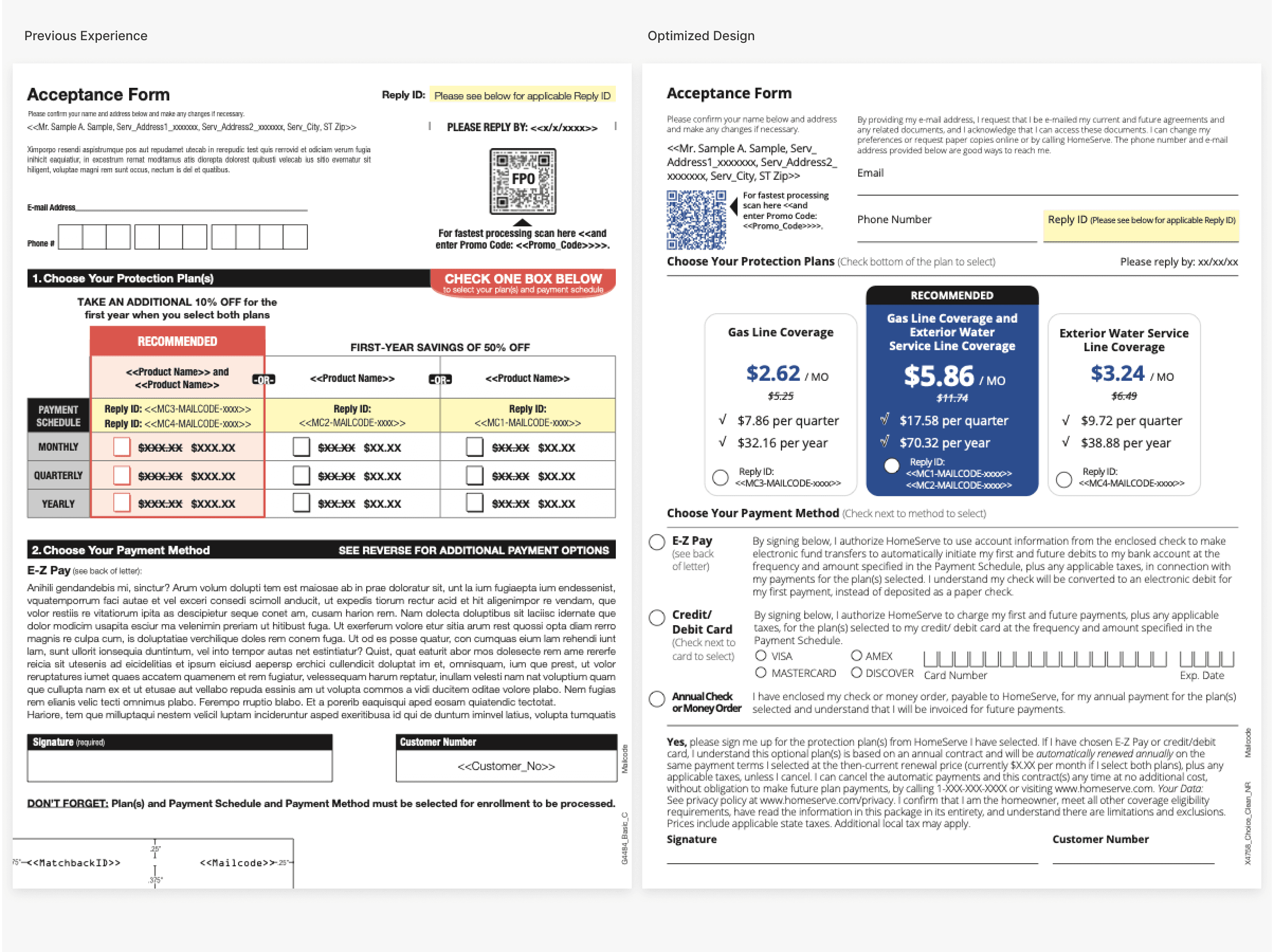 Previous acceptance form next to the optimized design with plan cards and clearer payment choices.