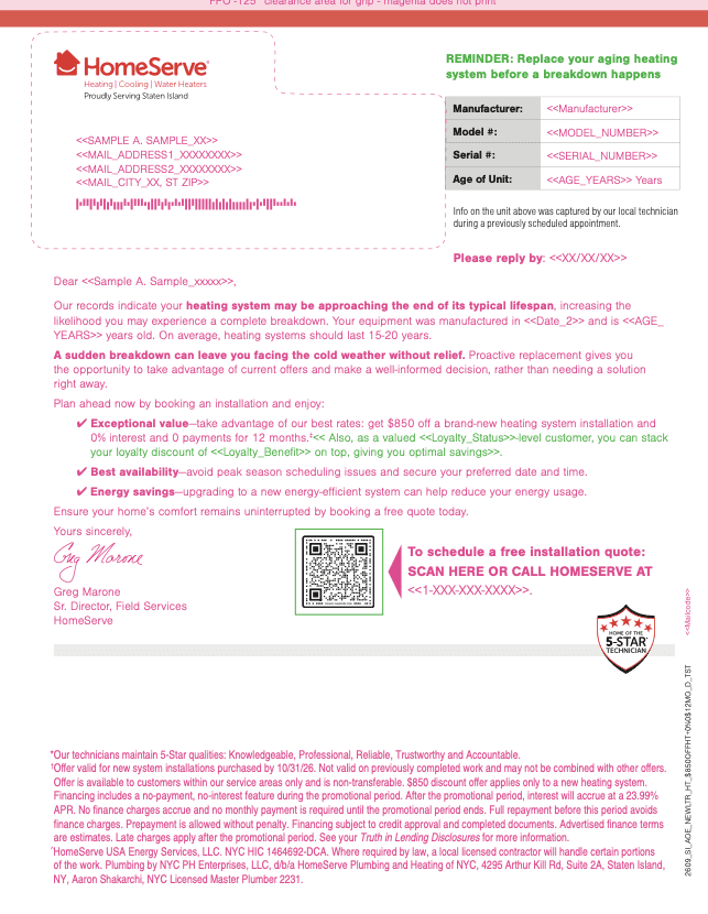 Finished HomeServe HVAC letter with library logo, 5-star badge and replacement reminder.