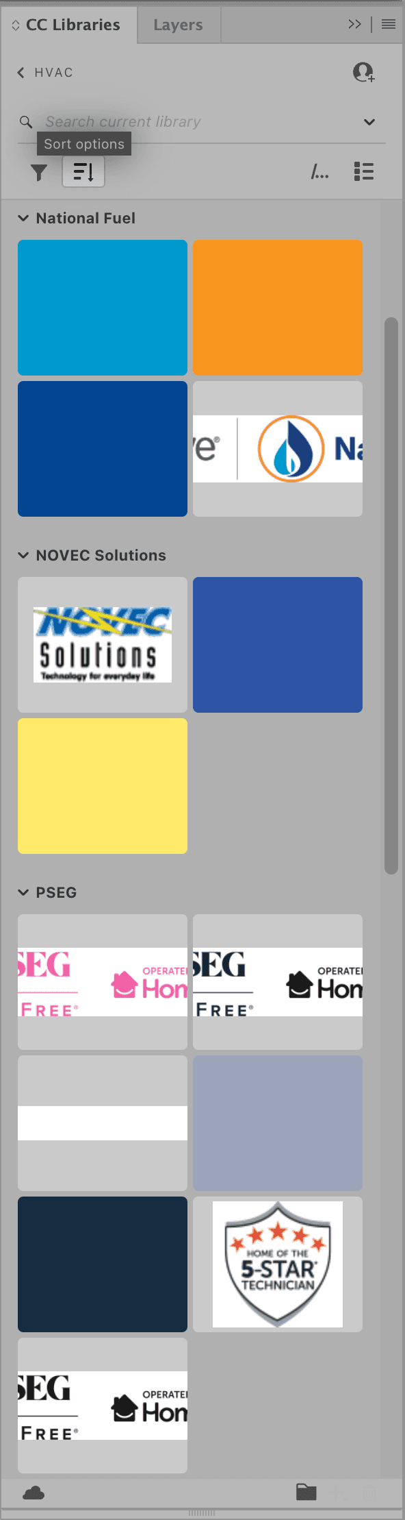 HVAC Creative Cloud library with partner groups for National Fuel, NOVEC Solutions and PSEG.