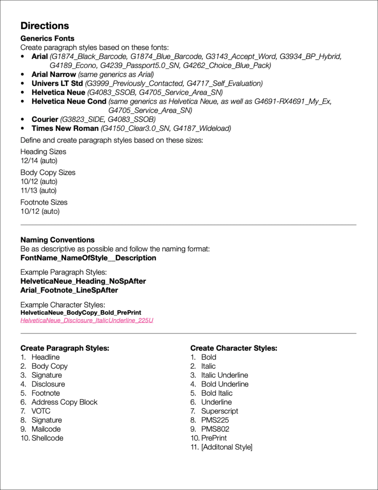 Directions page listing approved fonts, type sizes and the style naming pattern.